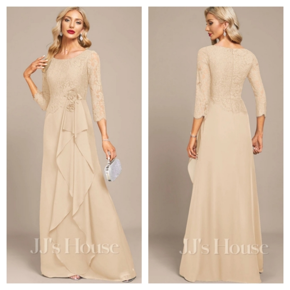 JJ's House Chiffon Lace Evening Dress Cascading Ruffles 18W Champagne